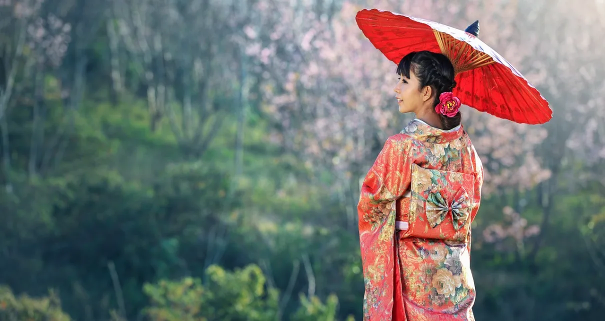 kimono, woman, umbrella