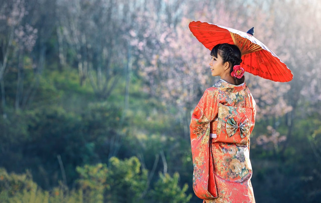 kimono, woman, umbrella
