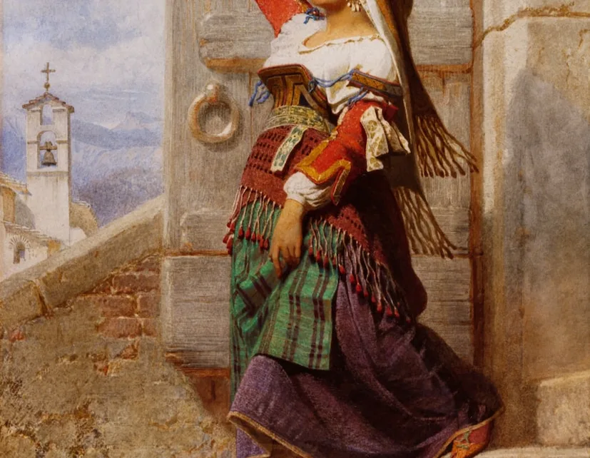 a painting of a woman with a pot on her head